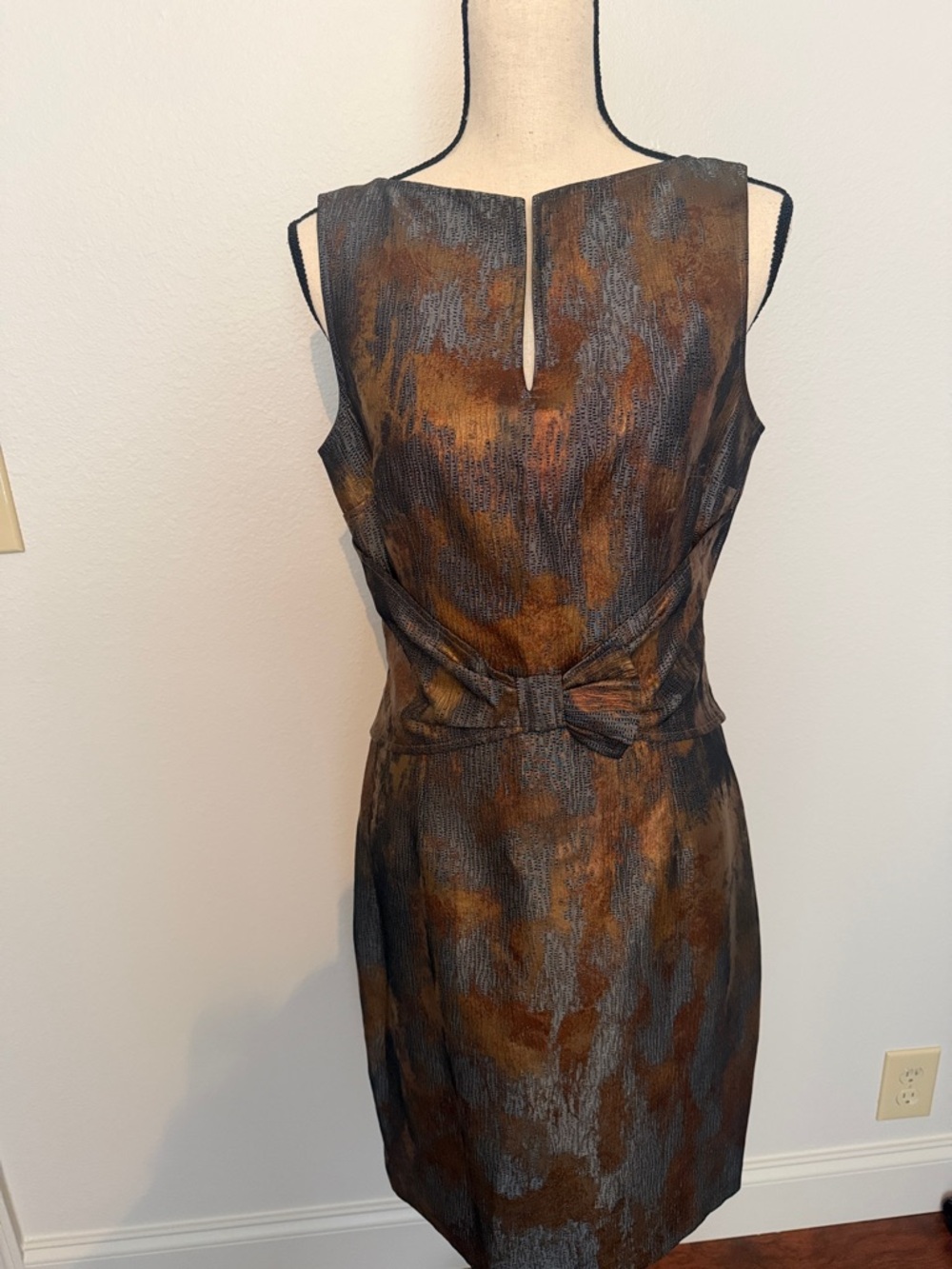 David Meister Rust and Charcoal Textured Sheath Dress with Waist Bow